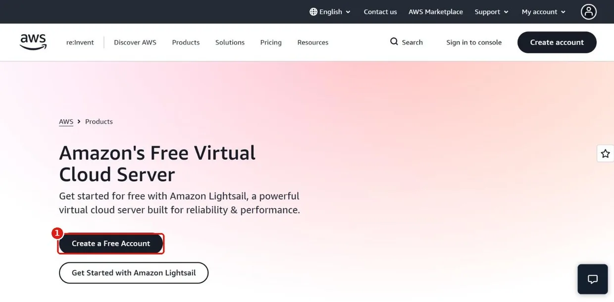AWS Lightsail product page with the Create a Free Account button outlined in red