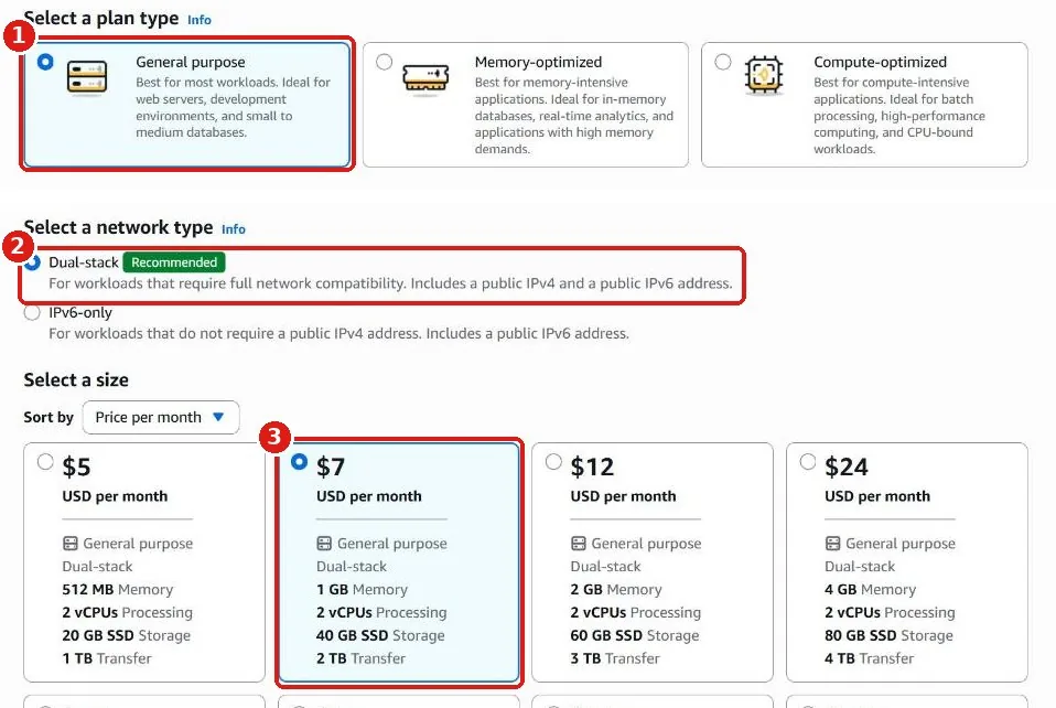 Top: General purpose selected under plan type. Bottom: Dual-stack network type and the $7 per month size selected