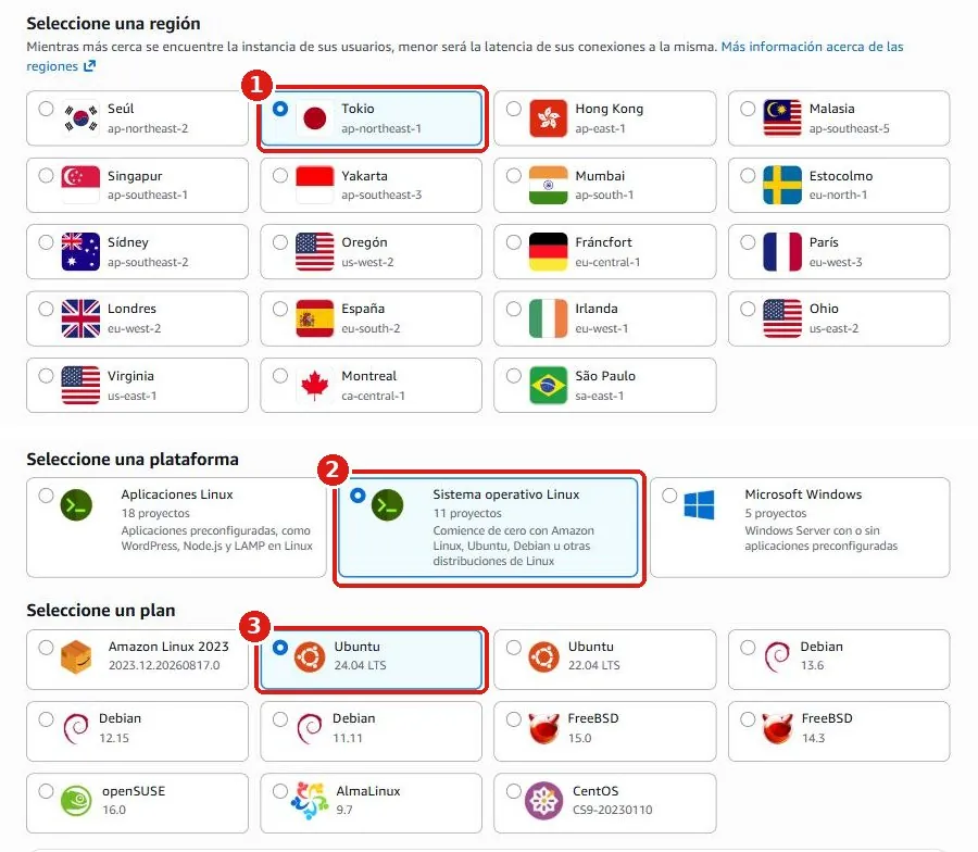 Arriba: la lista de regiones con Tokio seleccionado. Abajo: Sistema operativo Linux y Ubuntu 24.04 LTS seleccionados