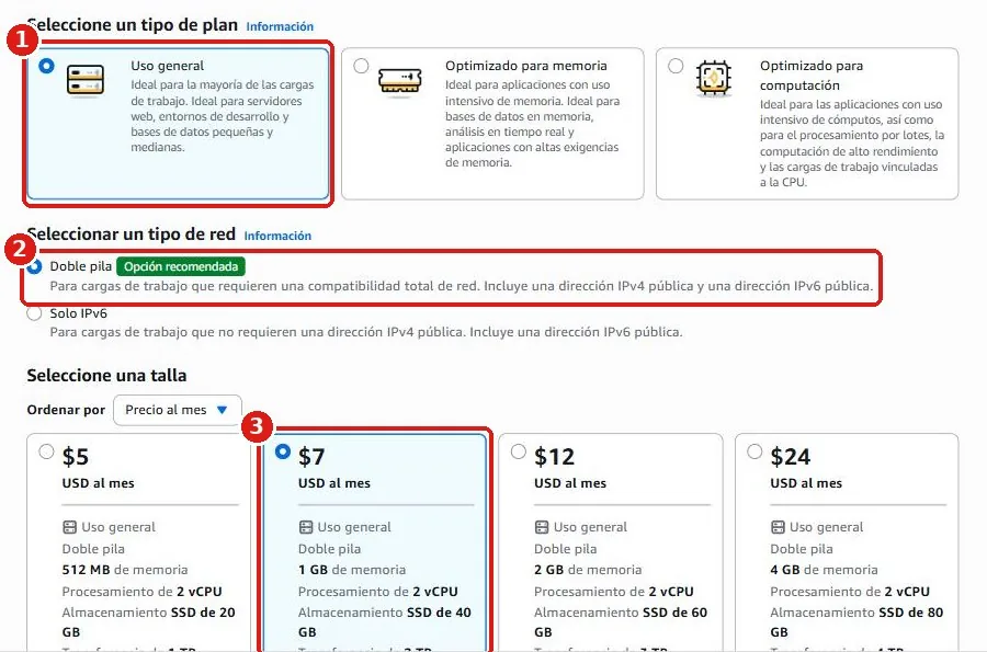 Uso general, Doble pila y el tamaño de 7 USD al mes seleccionados