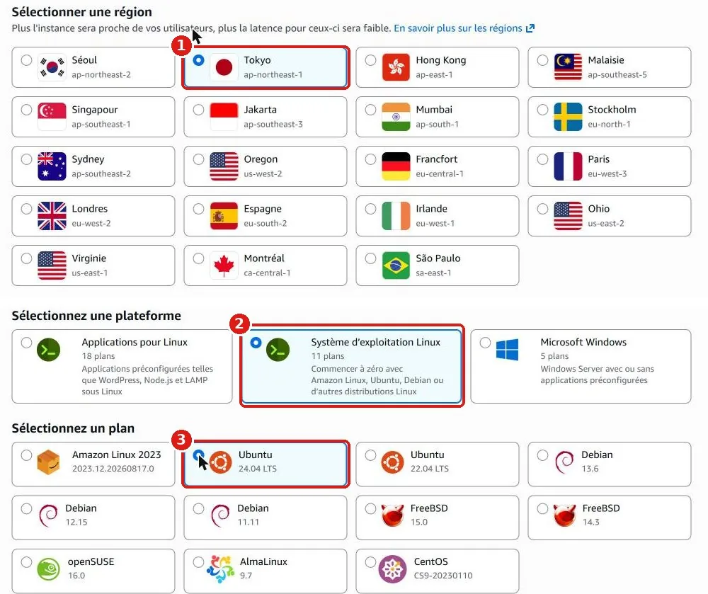 En haut : la liste des régions avec Tokyo sélectionné. En bas : Système d'exploitation Linux et Ubuntu 24.04 LTS sélectionnés