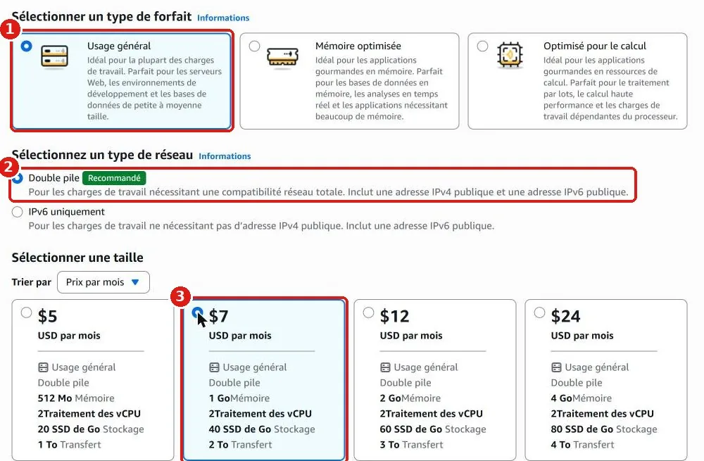 Usage général, Double pile et la taille à 7 $ par mois sélectionnés