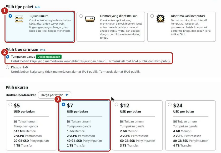 Atas: Tujuan umum terpilih pada tipe paket. Bawah: tipe jaringan Tumpukan ganda dan ukuran $7 per bulan terpilih