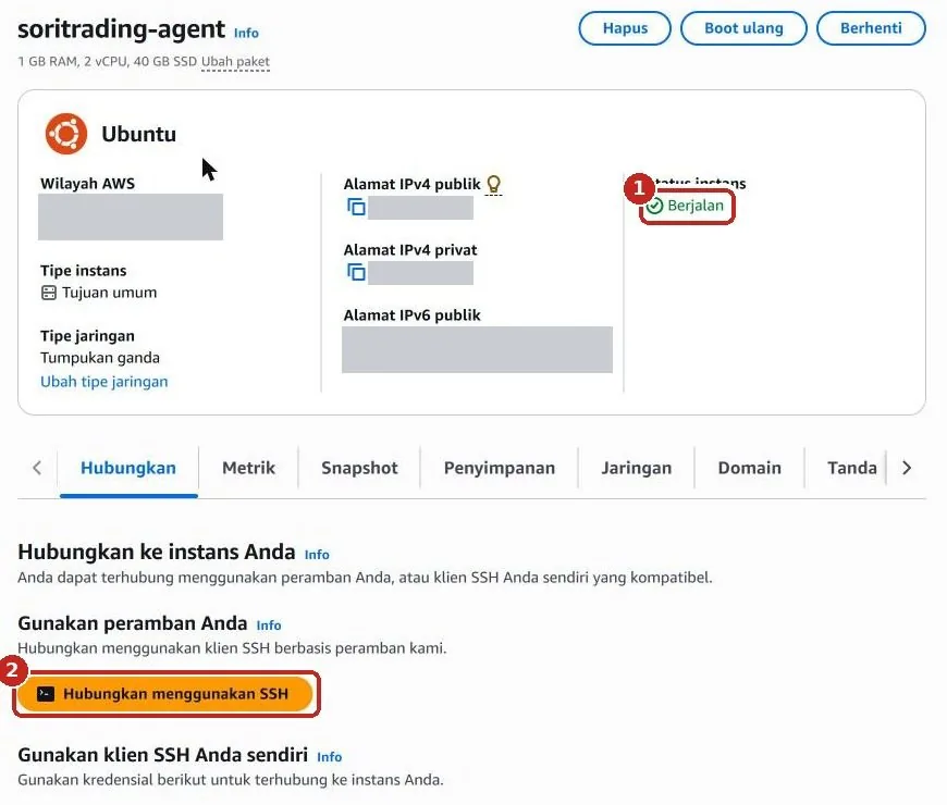 Halaman detail server dengan Status instans Berjalan dan tombol oranye Hubungkan menggunakan SSH