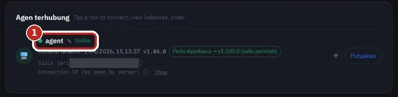 Daftar Agen terhubung SoriTrading yang menampilkan server bertanda Online