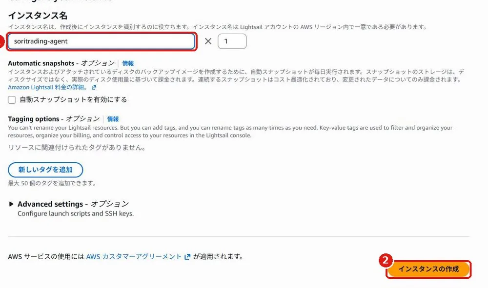 インスタンス名に soritrading-agent と入力され、右下にオレンジ色のインスタンスの作成ボタンがある画面