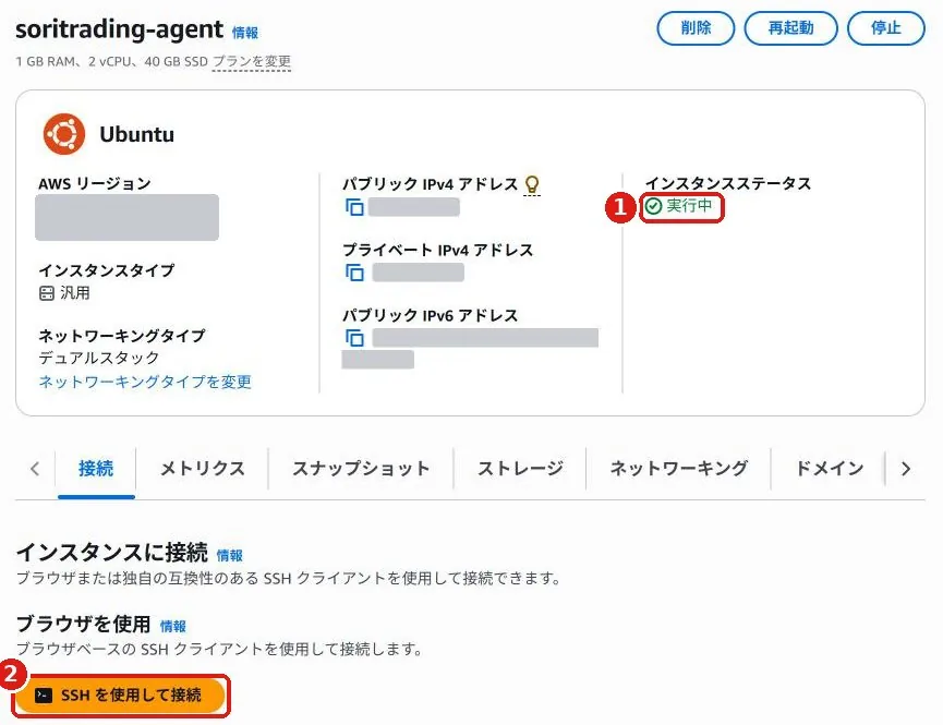 サーバー詳細画面。インスタンスステータスが実行中で、オレンジ色の SSH を使用して接続ボタンがある