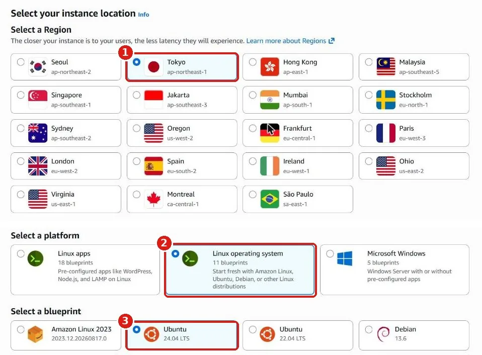 บน: รายการ Region ที่เลือก Tokyo ล่าง: เลือก Linux operating system และ Ubuntu 24.04 LTS