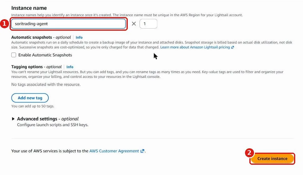 Ô Instance name đã nhập soritrading-agent và nút Create instance màu cam ở góc dưới bên phải